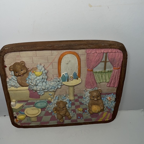 Vintage Teddy Bear Bathing Ceramic Wall Plaque 3D Textured - Picture 6 of 7